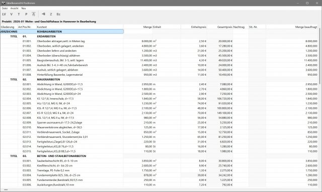 Ausschreibung: Fenster mit Tabellenansicht