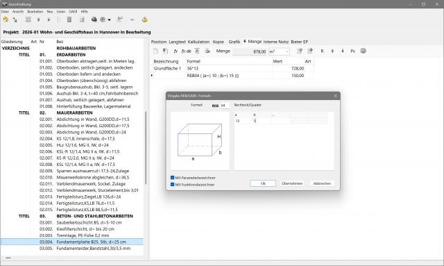 Ausschreibung: Mengenberechnung und Formeleditor