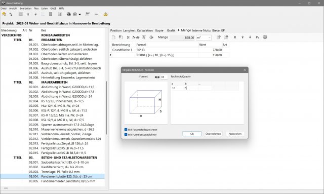 Ausschreibung: Mengenberechnung und Formeleditor