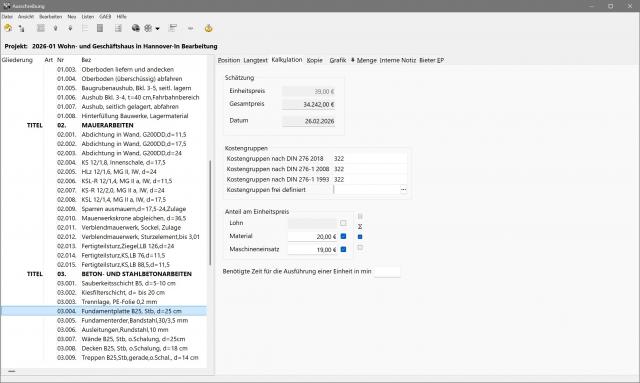 Ausschreibung mit Register Kalkulation