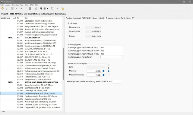 Ausschreibung mit Register Kalkulation