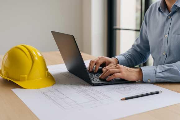 Architekt arbeitet im Büro mit ASBwin 28 an der Abrechnung, gelber Bauhelm liegt auf Bauplänen