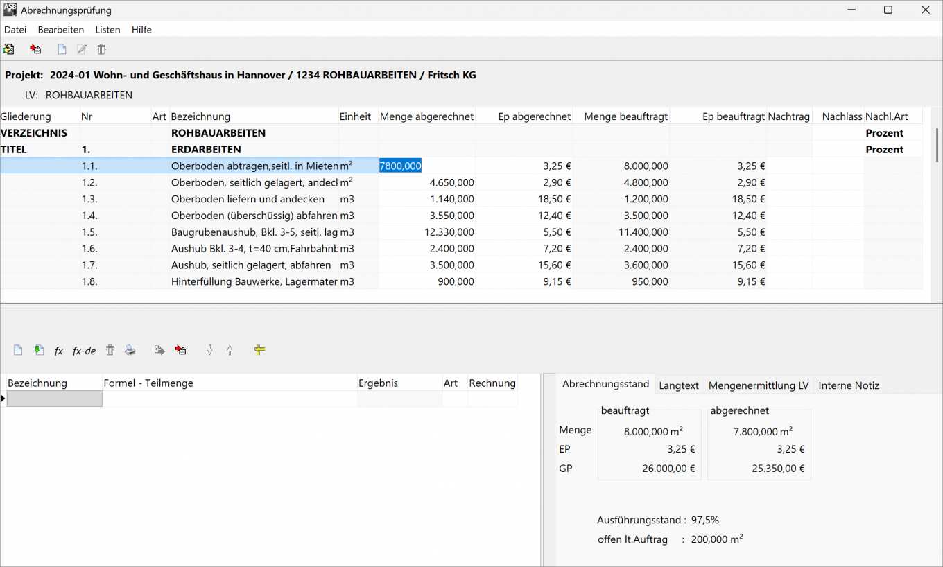 Der Screenshot zeigt Aufmaß erfassen und Abrechnungsprüfung (mit REB/GAEB-Bezug)