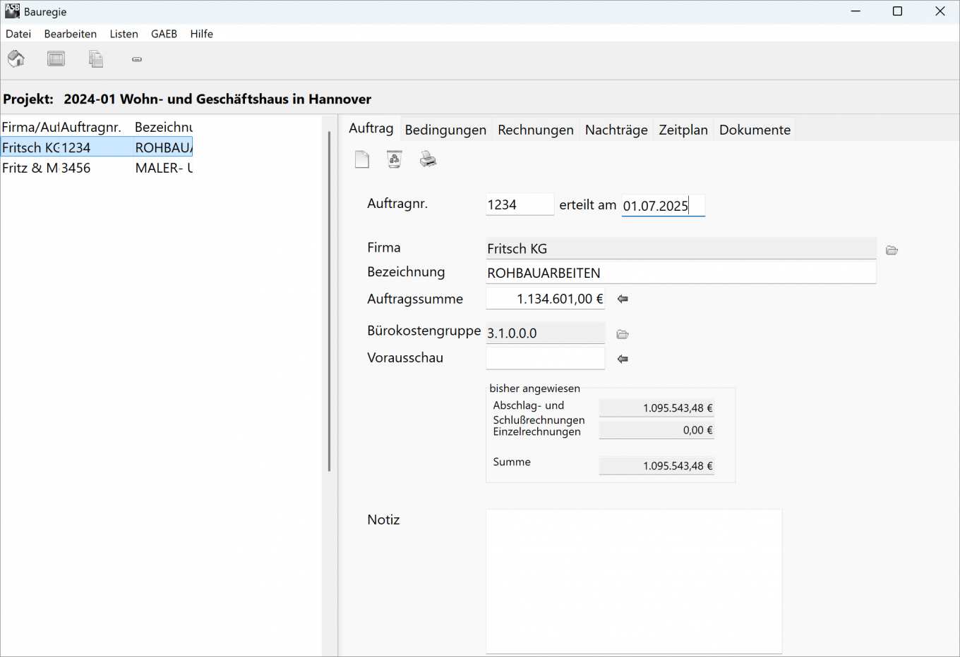 Der Screenshot zeigt einen Auftrag im Modul Bauregie (nach Vergabe)