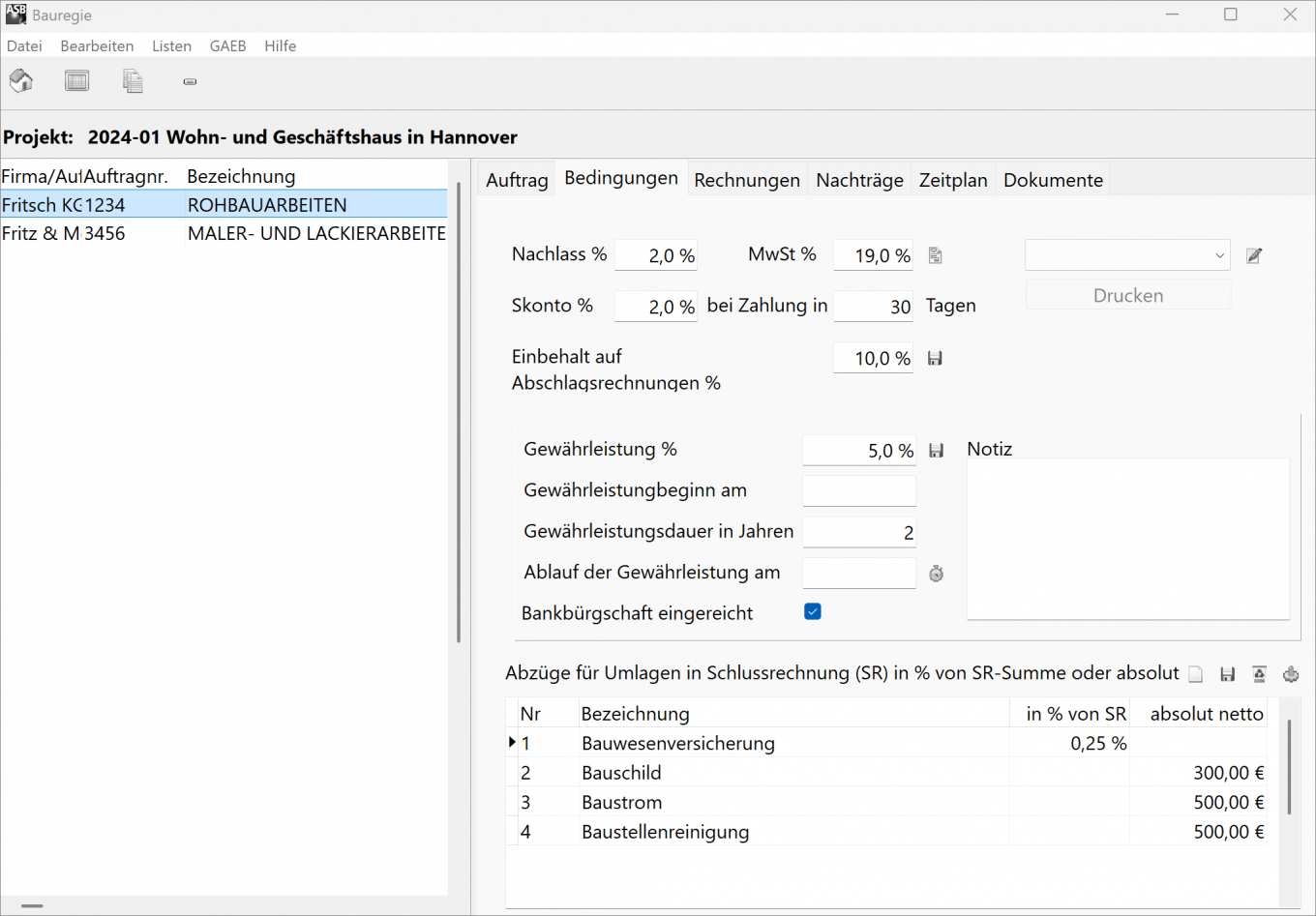 Der Screenshot zeigt Auftragsbedingungen festlegen im Register Bedingungen