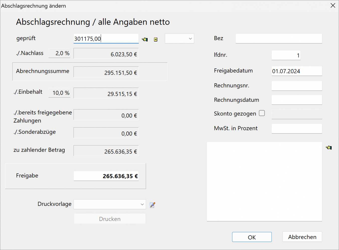 Der Screenshot zeigt die automatische Zahlungsfreigabe in ASBwin: Abzüge und Zuzahlung