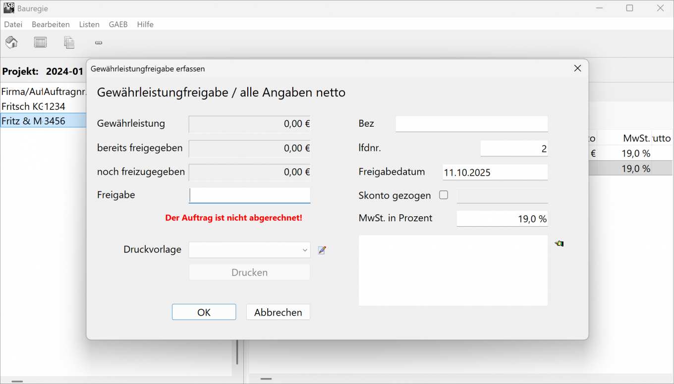 Der Screenshot zeigt Gewährleistungsfristen überwachen und Gewährleistungsfreigabe
