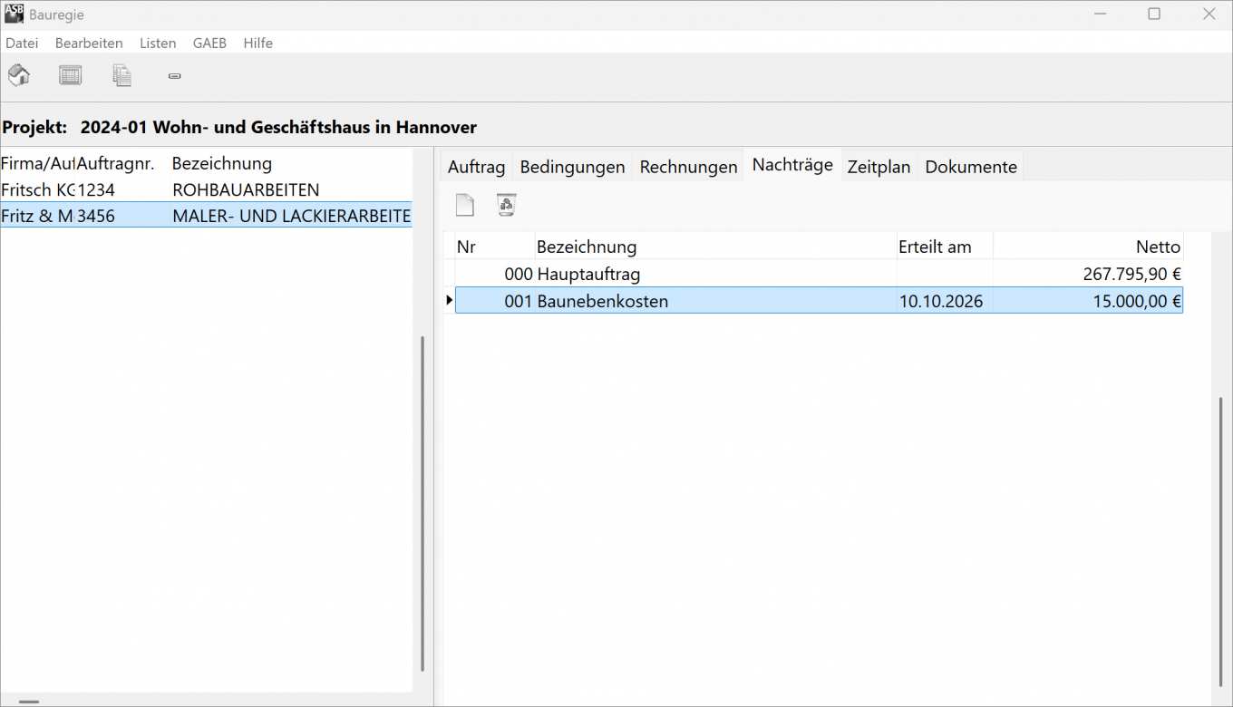 Der Screenshot zeigt Nachträge verwalten (Pauschal oder über Nachtrags-LV)