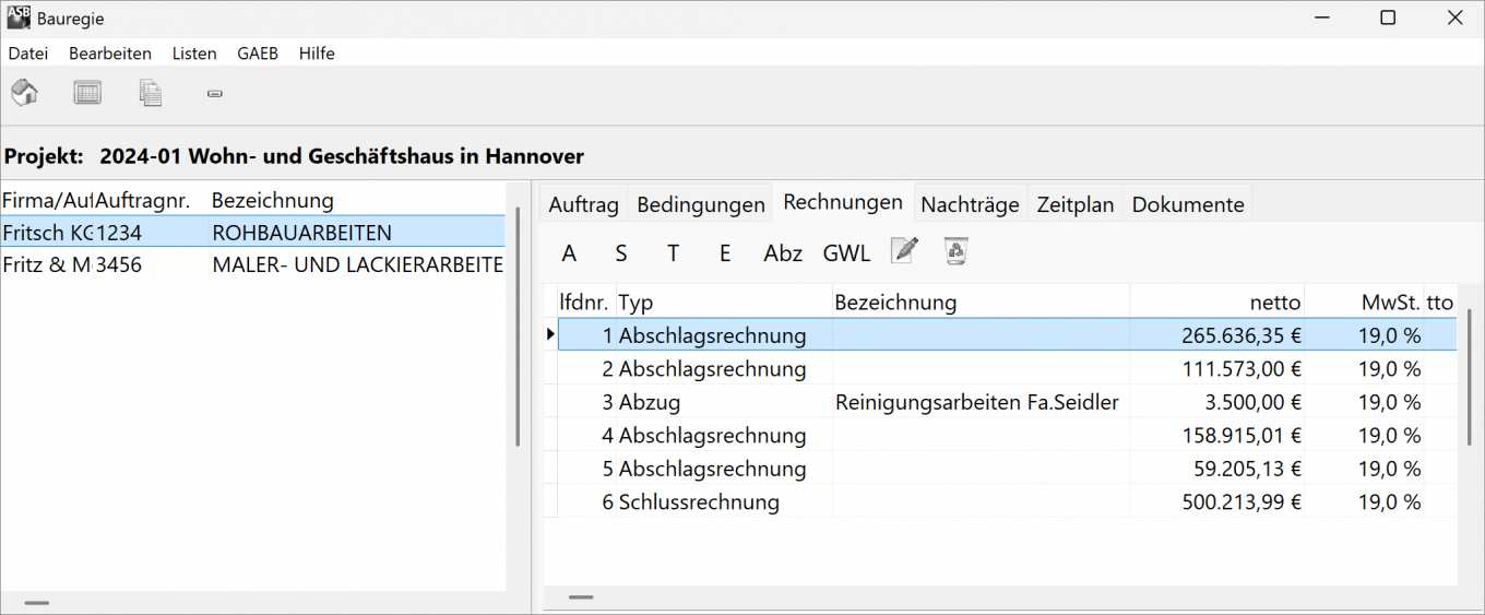 Der Screenshot zeigt Rechnungen erfassen:  Abschlags-, Schluss- und Einzelrechnungen