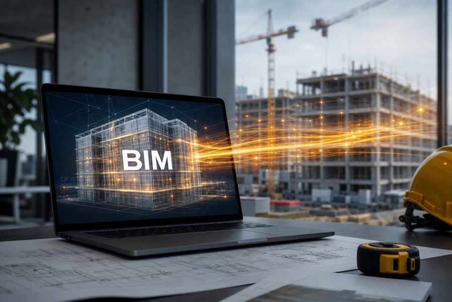 BIM und AVA-Software: Laptop mit 3D-Gebäudemodell vor einer Baustelle, leuchtende Datenströme verbinden das BIM-Modell mit dem Rohbau, daneben Bauhelm und Maßband