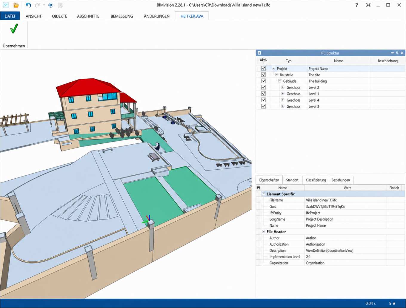 Grafische BIM/IFC-Schnittstelle: 3D-Gebäudemodell in BIMVision mit IFC-Struktur zur Übernahme der Bauteile in die ASBwin-Ausschreibung