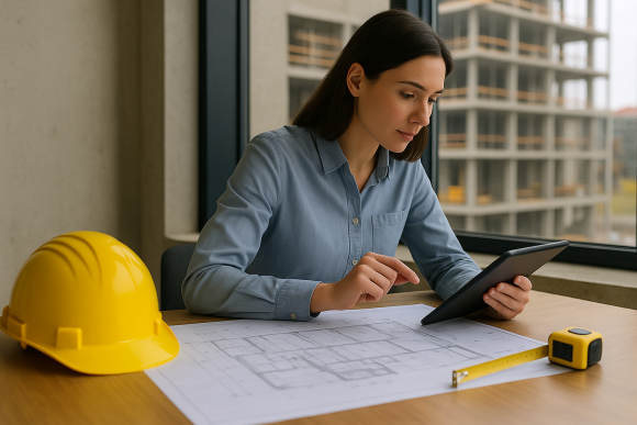 Frau arbeitet im Büro an Bauplänen mit Tablet, gelbem Helm und Lineal – symbolisch für Ausschreibung, Vergabe und Abrechnung mit moderner AVA-Software