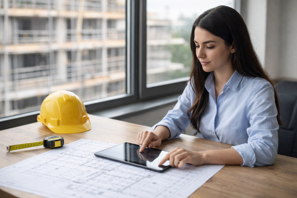 Frau arbeitet im Büro an Bauplänen mit Tablet, gelbem Helm und Lineal – symbolisch für Ausschreibung, Vergabe und Abrechnung mit moderner AVA-Software