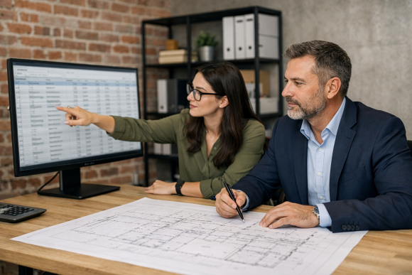 Architektin erklärt Projektleiter am Schreibtisch Baupläne und zeigt auf Monitor mit ASBwin 28-Leistungsverzeichnis im modernen Büro