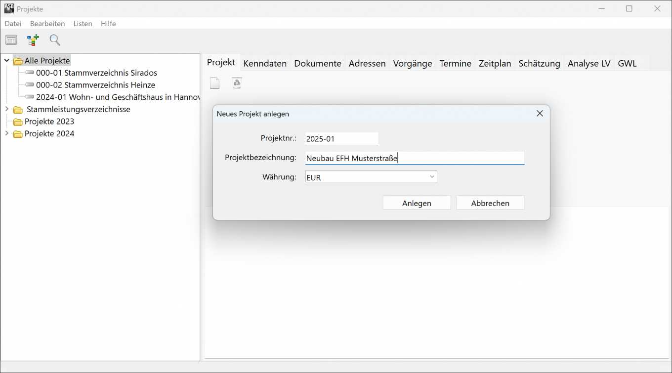 Ein Projekt anlegen in der AVA-Software ASBwin