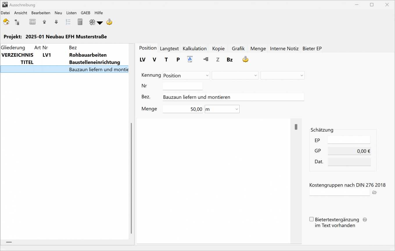 Screenshot zeigt Titel und Positionen erfassen in AVA-Software ASVwin