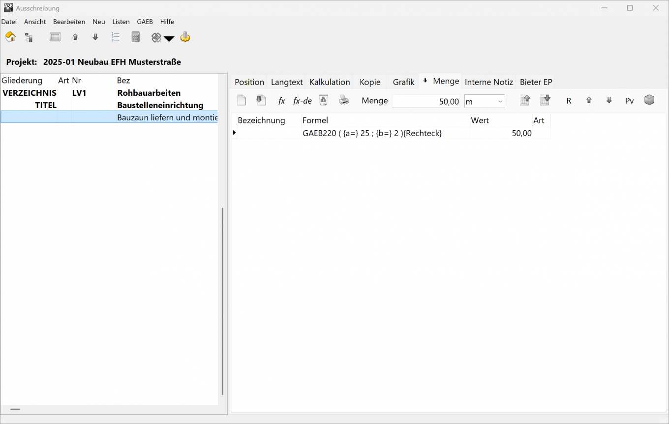 Screenshot zeigt Mengenermittlung (Mengen berechnen) in der AVA-Software ASBwin