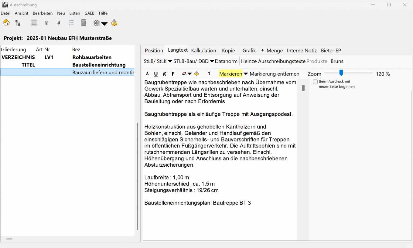 Screenshot zeigt Langtext bearbeiten und formatieren in AVA-Software ASBwin