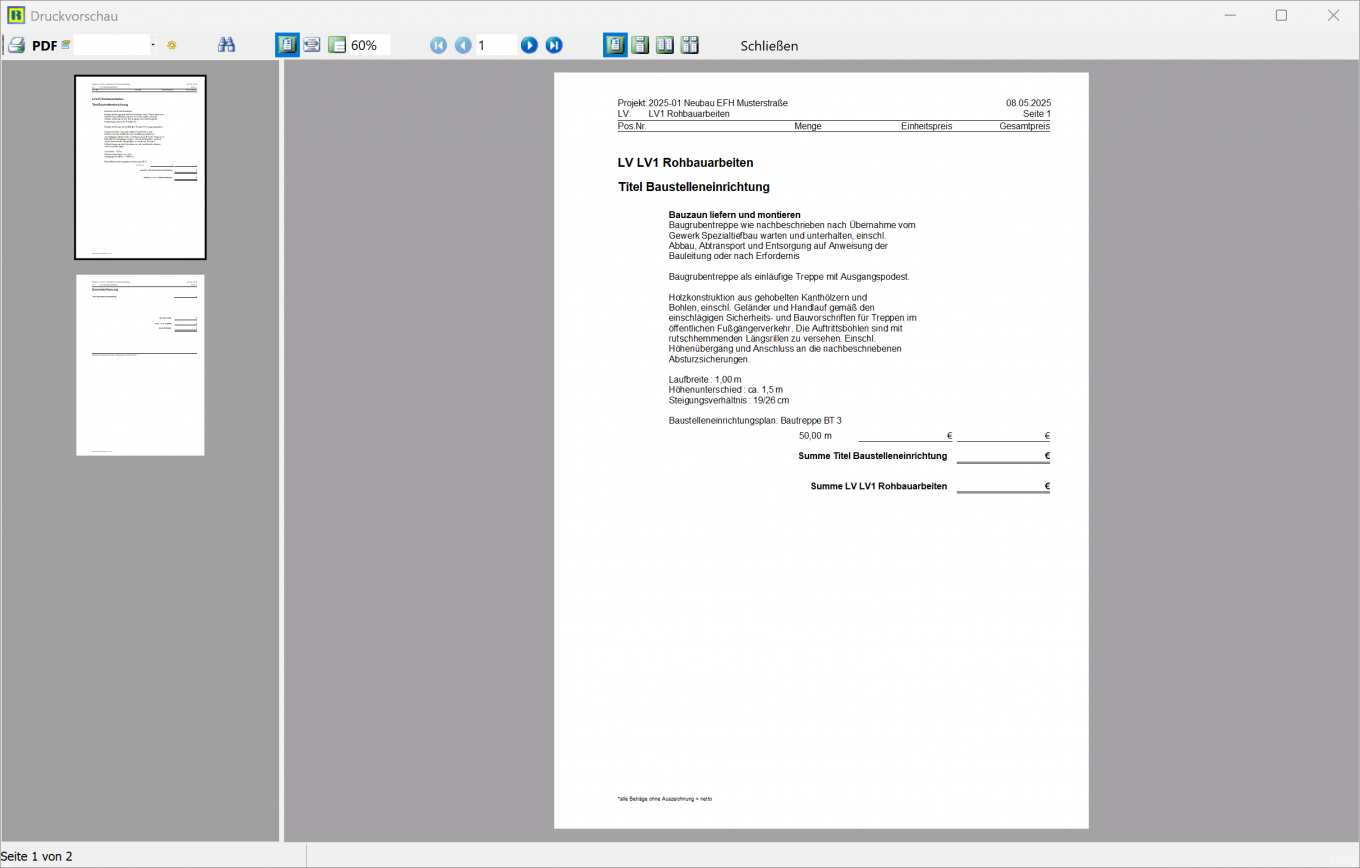 Screenshot zeigt Ausgabe des Leistungsverzeichnisses (Drucken und Exportieren) in AVA-Software ASBwin