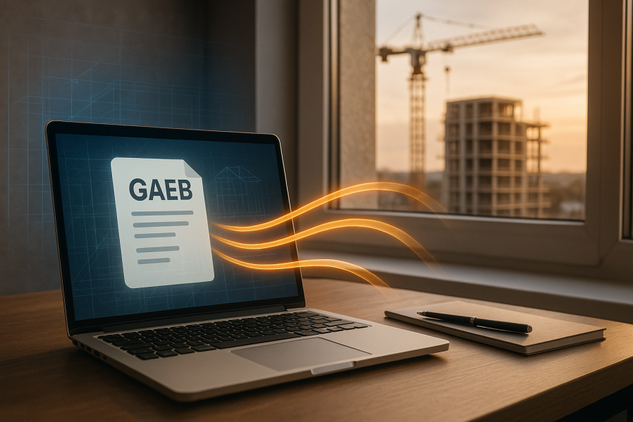 Ein Laptop auf einem Schreibtisch zeigt ein GAEB-Dokument  – Sinnbild für digitalen Datenaustausch im Bauwesen