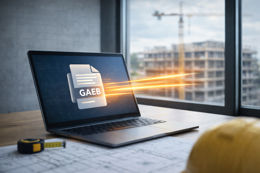 Ein Laptop auf einem Schreibtisch zeigt ein GAEB-Dokument  – Sinnbild für digitalen Datenaustausch im Bauwesen