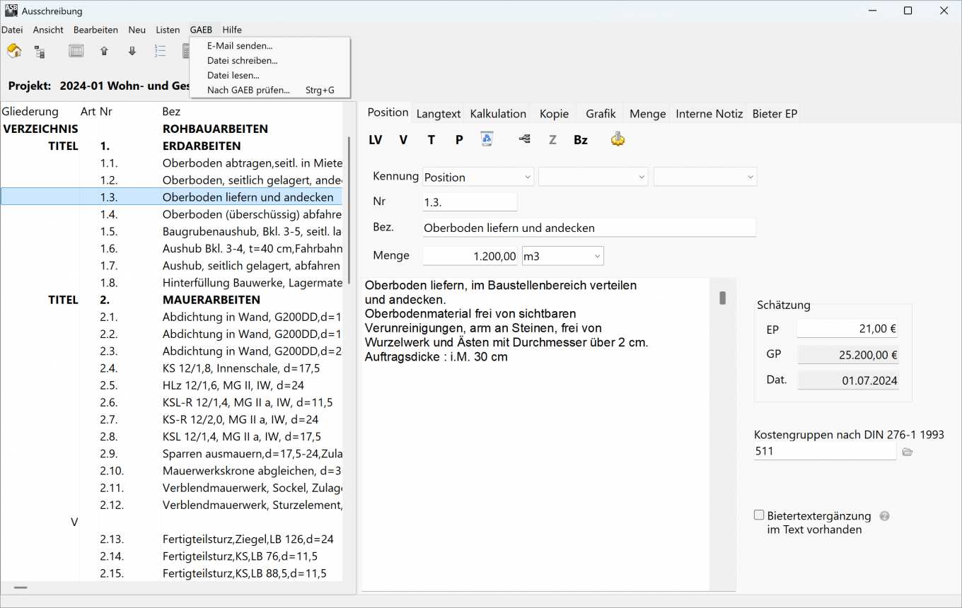 Screenshot: So funktioniert GAEB mit ASBwin