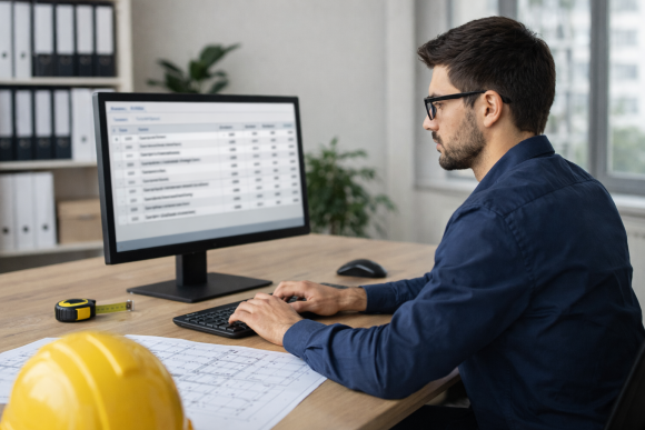 Architekt arbeitet im Büro am PC an einem Leistungsverzeichnis in ASBwin, mit gelbem Maßband und Helm als Eye-Catcher auf dem Schreibtisch