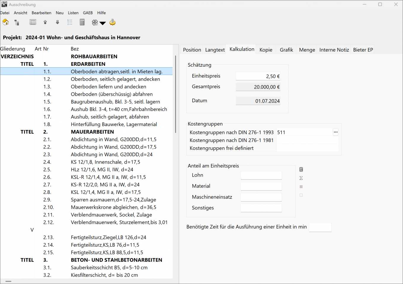GAEB-Leistungsverzeichnis erstellen: Kalkulation