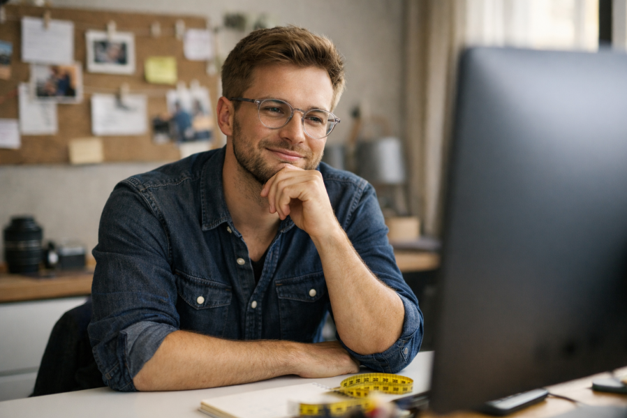 Junger Planer im Büro arbeitet an Kostenschätzung nach DIN 276, gelbes Maßband auf weißem Tisch