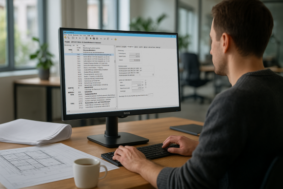 Architekt am Schreibtisch mit geöffnetem ASBwin-AVA-Programm auf großem Monitor; daneben liegen Baupläne und eine Kaffeetasse