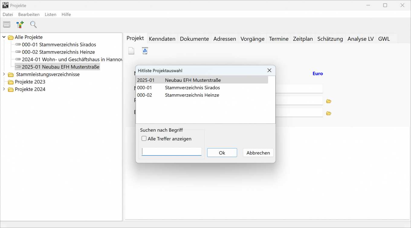 Screenshot zur Projekt-Schnellsuche in AVA-Software ASBwin