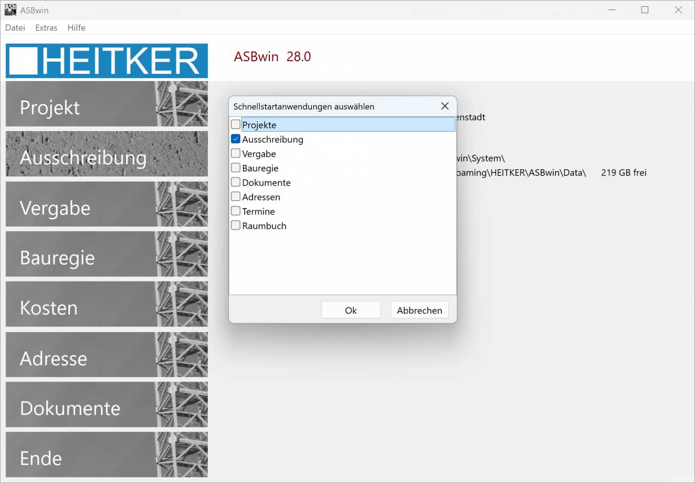 Screenshot zur Schnellstart-Funktion in AVA-Software ASBwin