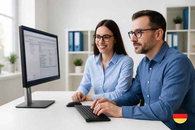Mann und Frau arbeiten konzentriert am PC – Querformat-Symbolbild für zuverlässiges deutsches Software-Engineering