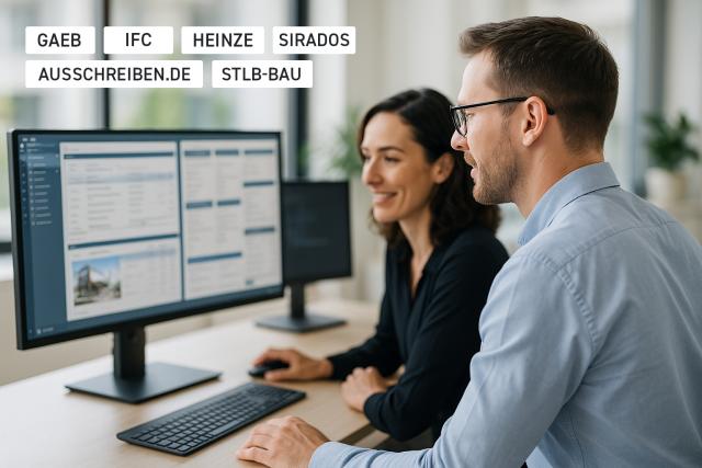 Zwei Bauprofis analysieren modulare AVA-Software-Oberfläche am Bildschirm – Querformat-Symbolbild für effiziente, strukturierte Projektarbeit