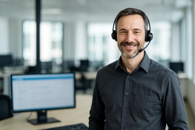 Freundlicher Support-Mitarbeiter mit Headset vor unscharfem Monitor – Querformat-Symbolbild für persönlichen ASBwin-Kundensupport