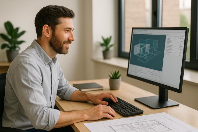 Fachplaner blickt konzentriert auf Monitor mit AVA-Software ASBwin; übersichtliches Modul-Layout im Büroalltag zur Effizienzsteigerung genutzt