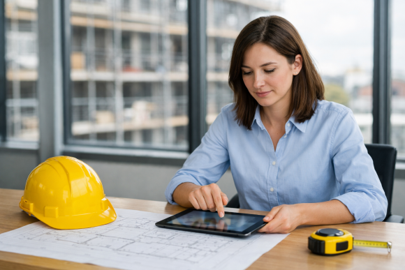 Architektin prüft erstellt Leistungsverzeichnis auf Tablet; gelber Schutzhelm und Maßband liegen auf dem Tisch, Rohbau durch Fenster sichtbar