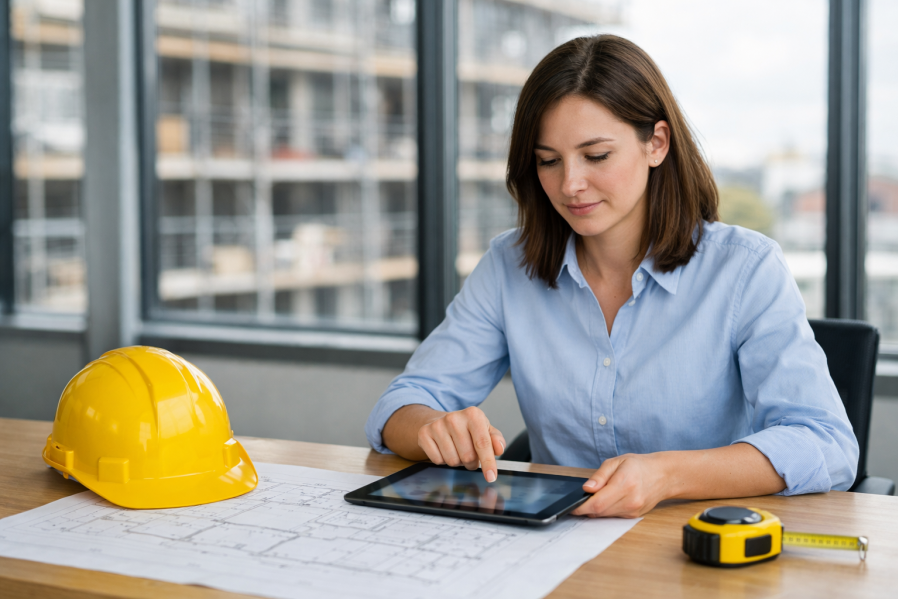Architektin prüft erstellt Leistungsverzeichnis auf Tablet; gelber Schutzhelm und Maßband liegen auf dem Tisch, Rohbau durch Fenster sichtbar