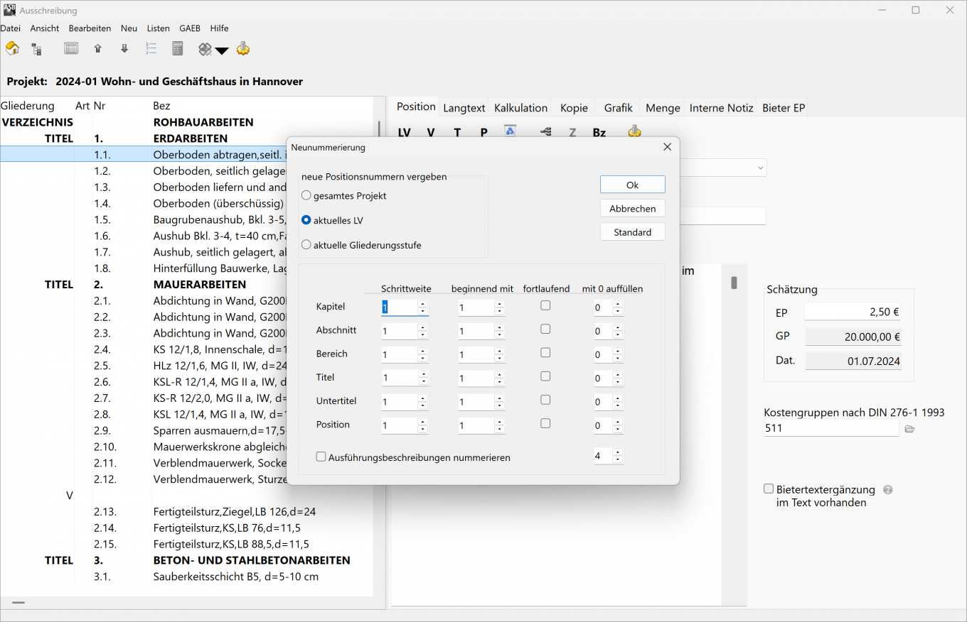 Der Screenshot zeigt wie man ein Leistungsverzeichnis in der AVA-Software ASBwin durchnummeriert