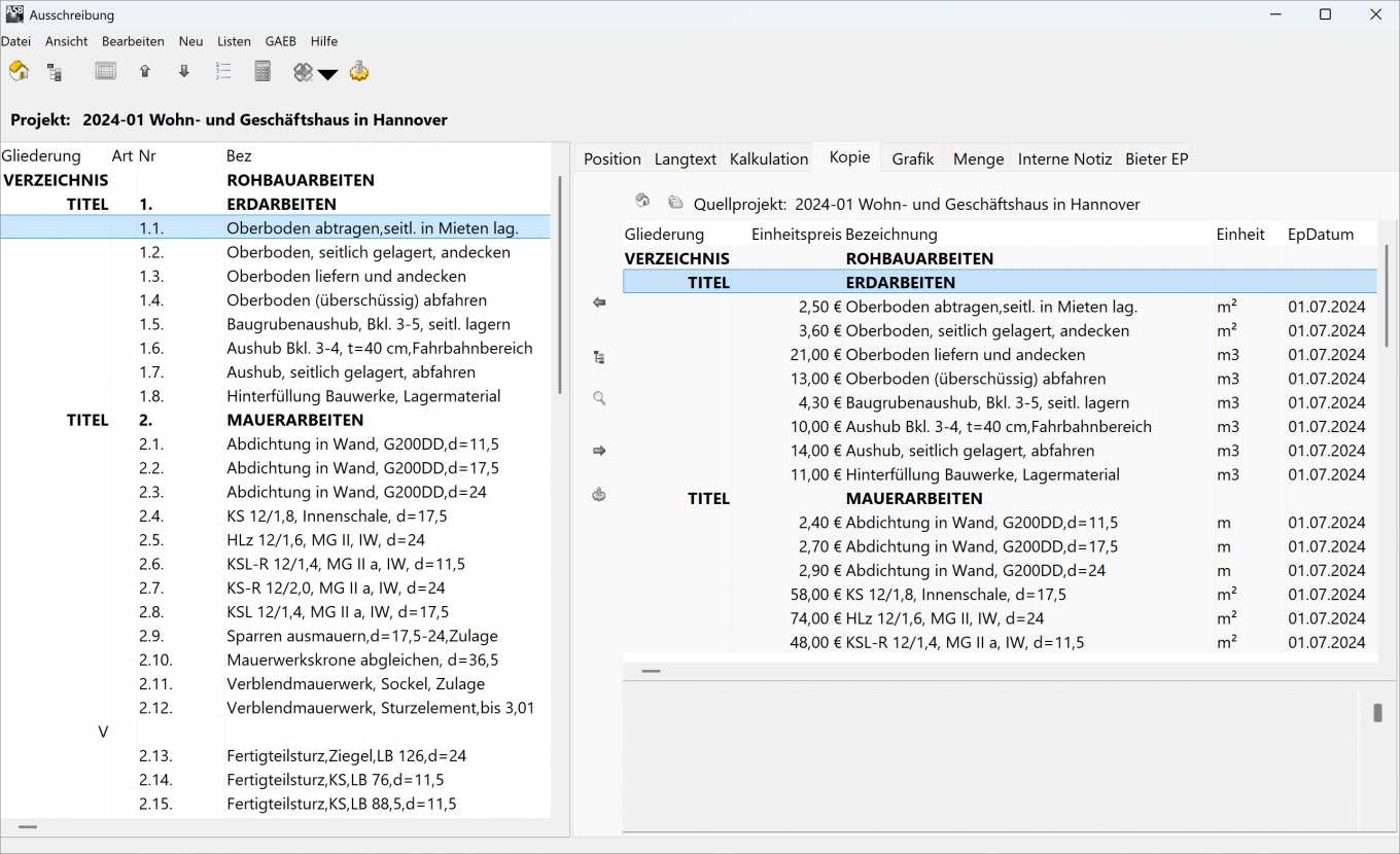 Der Screenshot zeigt wie man Positionen aus Projekten in der AVA-Software ASBwin kopiert
