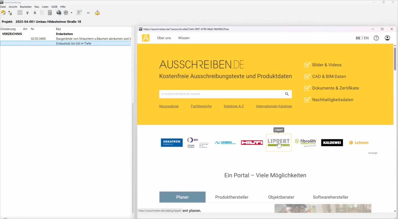 Der Screesnhot zeigt die Nutzung von ausschreiben.de in der AVA-Software ASBwin