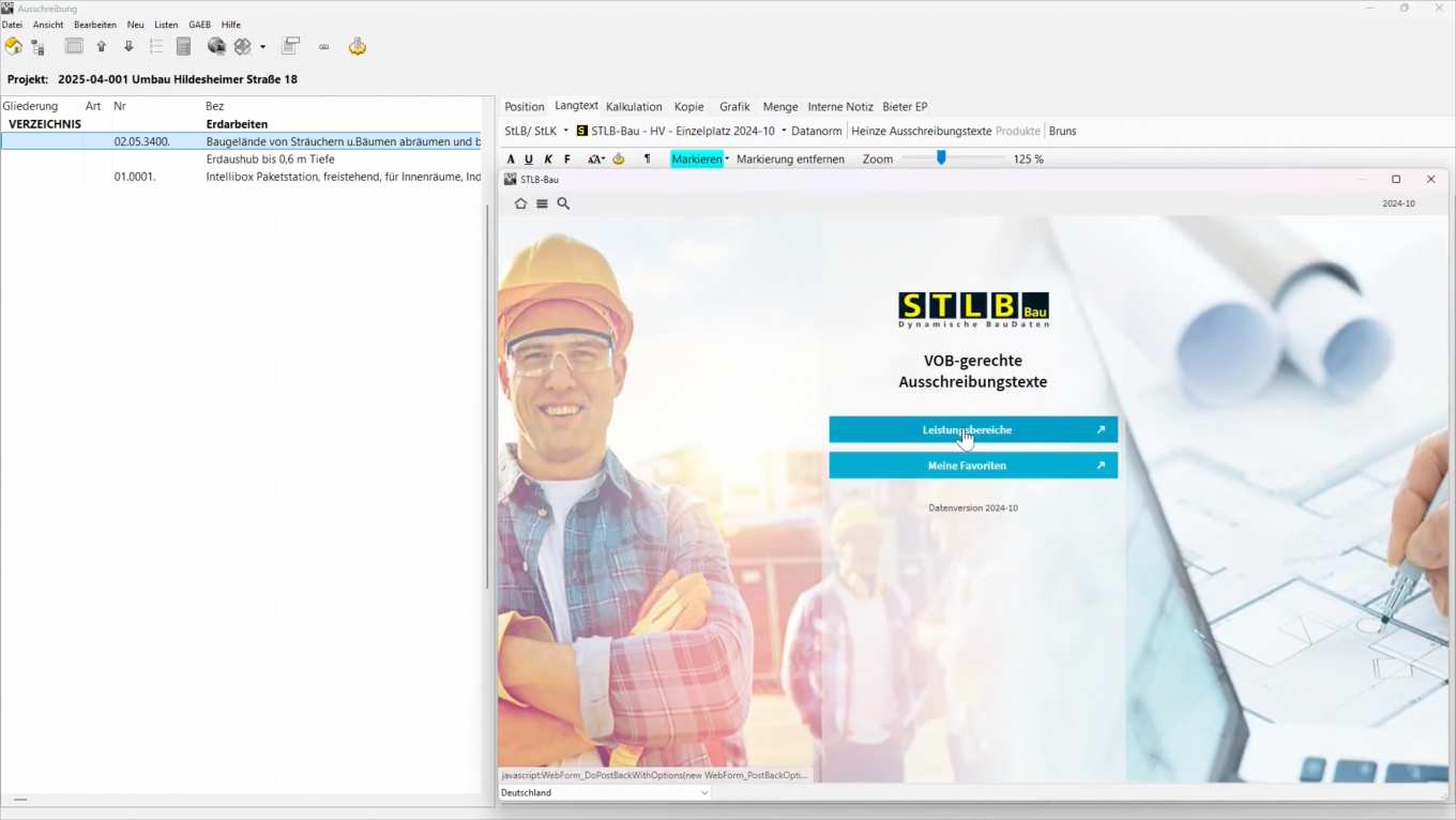 Der Screenshot zeigt die Nutzung von STLB-Bau in AVA-Software ASBwin