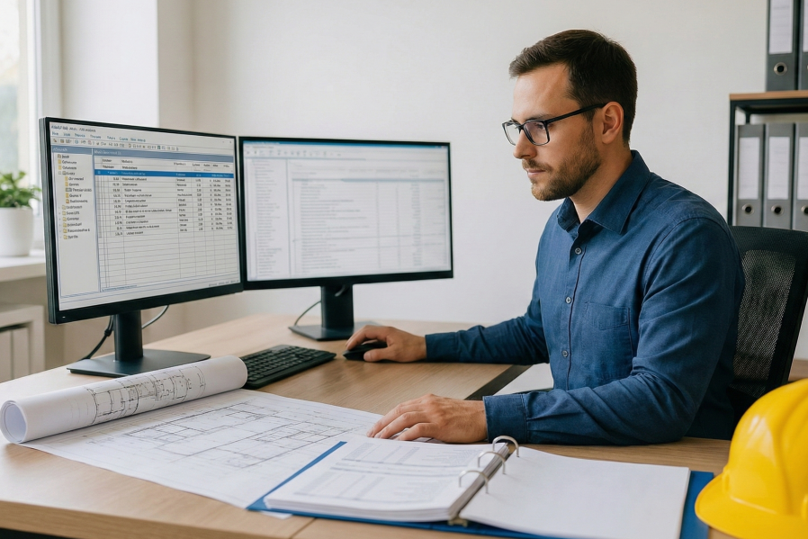 Architekt arbeitet am Computer mit AVA-Software und vergleicht digitale Leistungsverzeichnisse – Vorteile gegenüber Excel bei Ausschreibung, Vergabe und Abrechnung