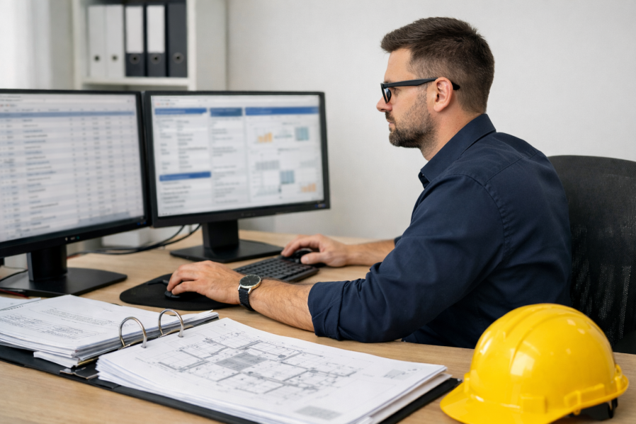 Architekt arbeitet am Computer mit AVA-Software und vergleicht digitale Leistungsverzeichnisse – Vorteile gegenüber Excel bei Ausschreibung, Vergabe und Abrechnung