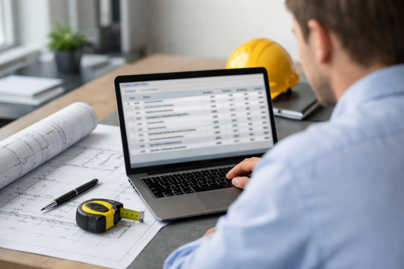 Bauprofi nutzt die kostenlose GAEB-Software am Laptop für die Angebotsbearbeitung (Bieterprogramm)