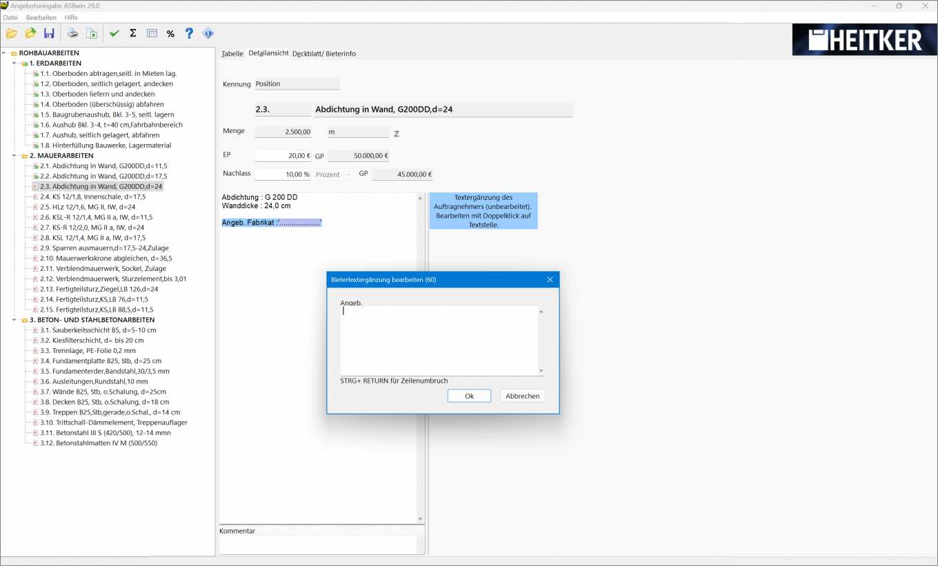 GAEB-Software Screenshot: Positionen bearbeiten und Preise eintragen