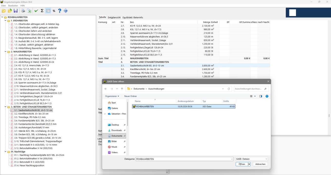 GAEB-Software Screenshot: GAEB-Ausschreibung öffnen