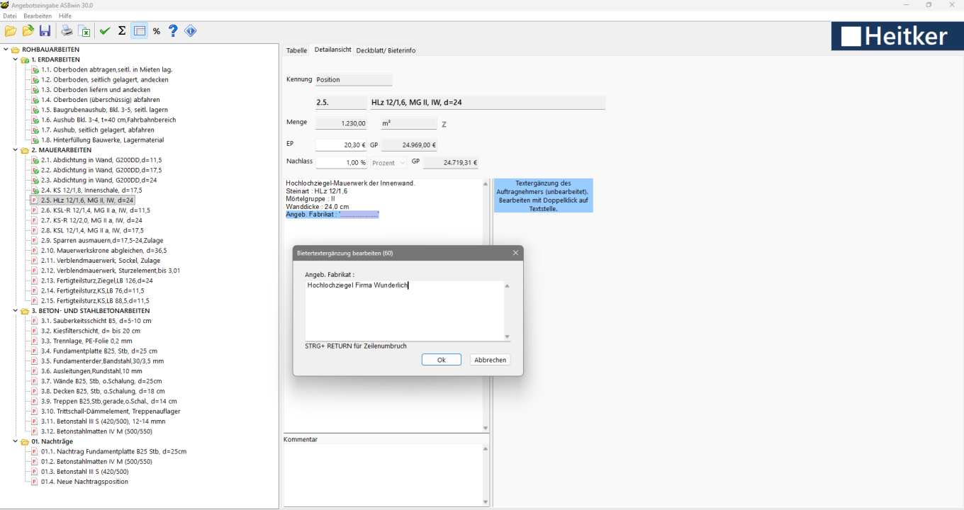 GAEB-Software Screenshot: Positionen bearbeiten und Preise eintragen
