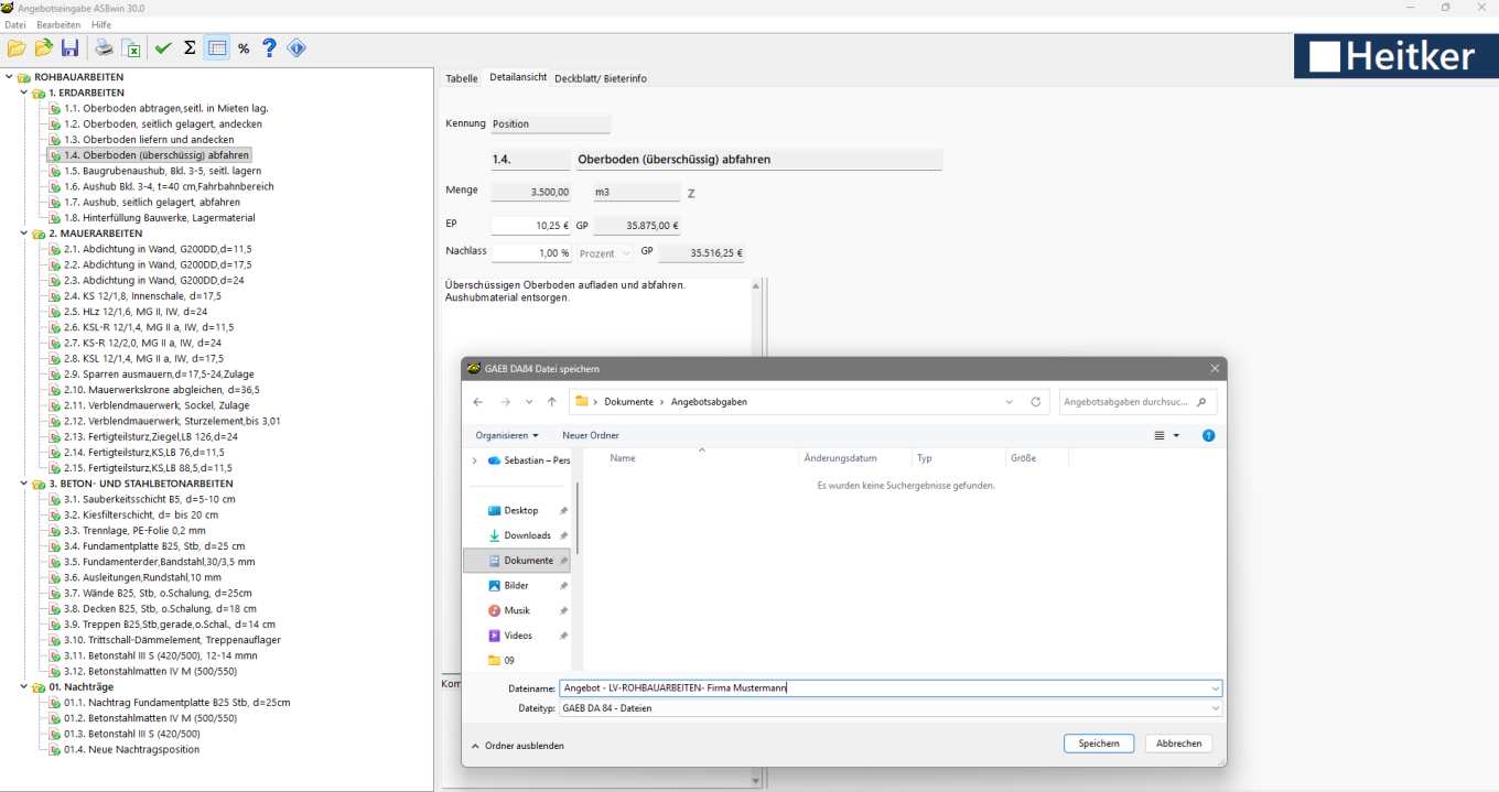 GAEB-Software Screenshot: GAEB-Angebotsdatei erstellen (Export)