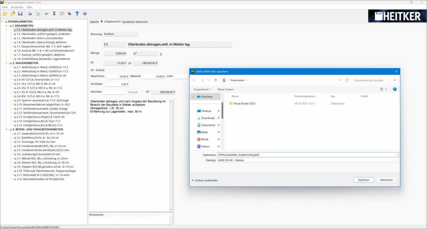GAEB-Software Screenshot: GAEB-Angebotsdatei erstellen (Export)